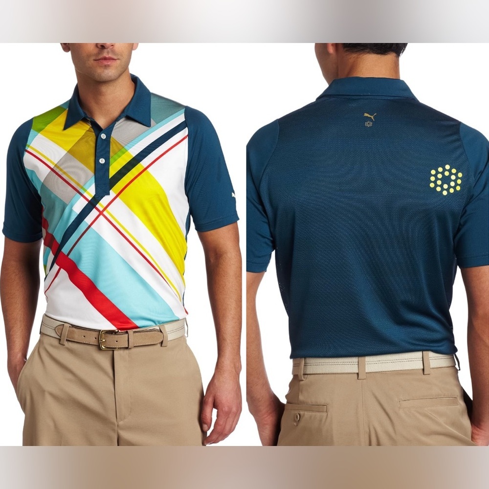 Puma Mens Golf Duo Swing Graphic USP Polo Multicolor Geometric Sz Medium Stretch - Picture 1 of 10